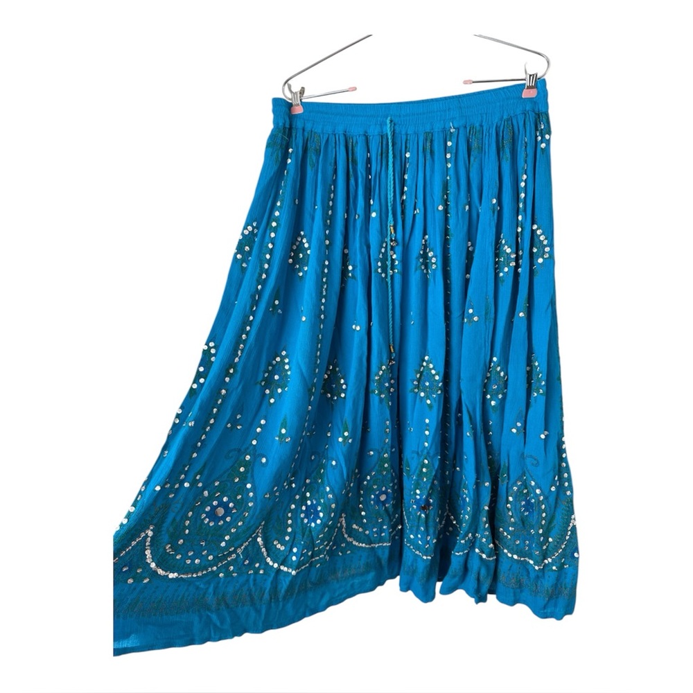 Bohemian Sequin Embroidered Midi Skirt‎ One Size Drawstring Waist Blue Indian